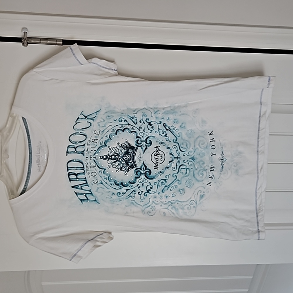 Women's "HARD ROCK CAFE COUTURE" white & blue T-shirt with bling - size Large
